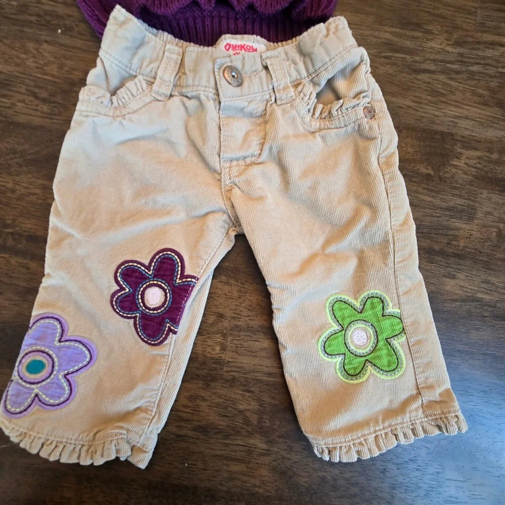OshKosh Bgosh‎ Purple Cable Knit Cardigan and  Floral Corduroy Pants Set 12M VTG